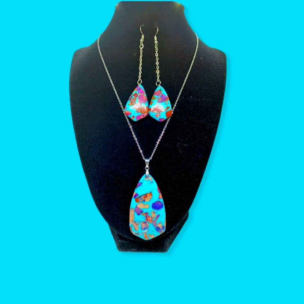 Blue purple jasper pendant necklace with earrings jewelry set